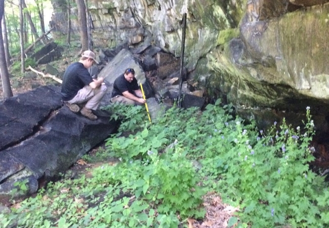 A tall rock ledge towers over a forested area where two people are monitoring monkshood plants.