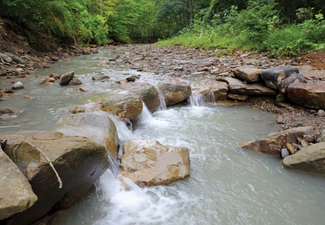 Water runs over rocks in Sand Run Stream.