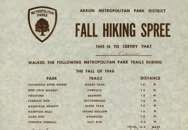 A Fall Hiking Spree form from 1966 is adorned with the Metropolitan Parks shield and signed by Naturalist Bert Szabo and Director-Secretary John Daily.