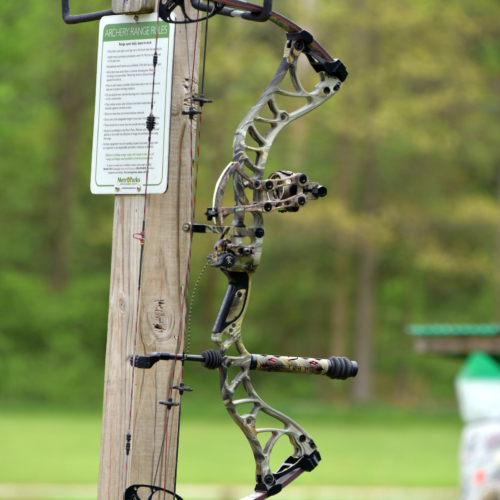 Archery bow hanging on a stand