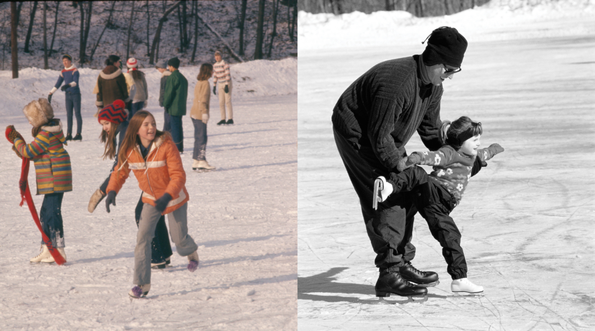 Composite Image Of Teens Skating In 1971 (Don Prack) And Adult Teaching A Child To Ice Skate At Big Bend