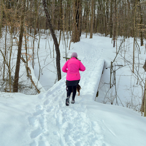 A person in a pink coat is running into the distance across a wooden trail bridge covered in snow.