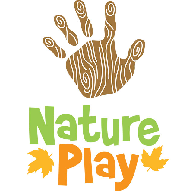 A logo of a handprint with wood grain texture. The text underneath reads "Nature Play."