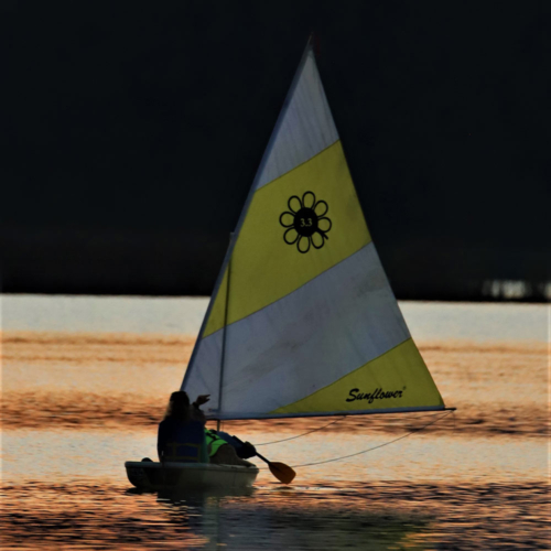 A person sailing at dusk.